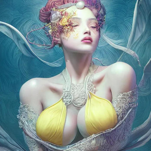 Prompt: the portrait of a sensual lemon that resembles an absurdly beautiful, graceful, elegant gravure idol covering herself looking up, an ultrafine hyperdetailed illustration by kim jung gi, irakli nadar, intricate linework, bright colors, octopath traveler, final fantasy, unreal engine 5 highly rendered, global illumination, radiant light, detailed and intricate environment