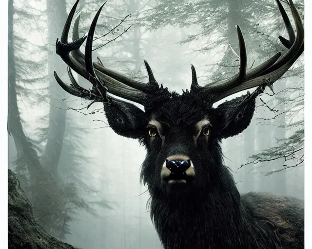 Image similar to 5 5 mm portrait photo of a black stag with antlers and black feathers in a magical forest. scary. magical atmosphere. art by greg rutkowski and luis royo. highly detailed 8 k. intricate. lifelike. soft light. nikon d 8 5 0.