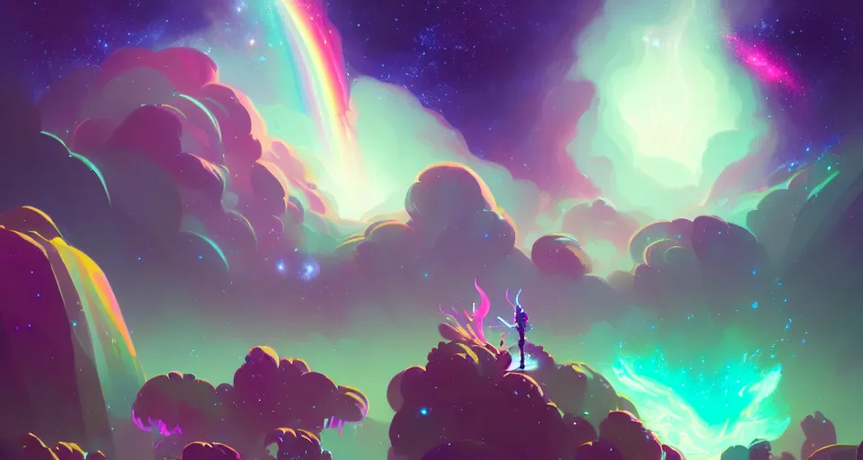 Image similar to milky way surrounded with spiriling sparkling rainbow crystals and galaxies, by peter mohrbacher, hyper light drifter color pallet, trending on artstation