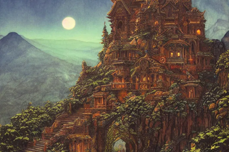 Prompt: ancient temple on a mountaintop at night | by Paul O. Zelinsky and Edmund Dulac and Donato Giancola | ornate carvings| climbing vines| rich color | dramatic cinematic lighting | extremely clear and detailed | featured on Artstation