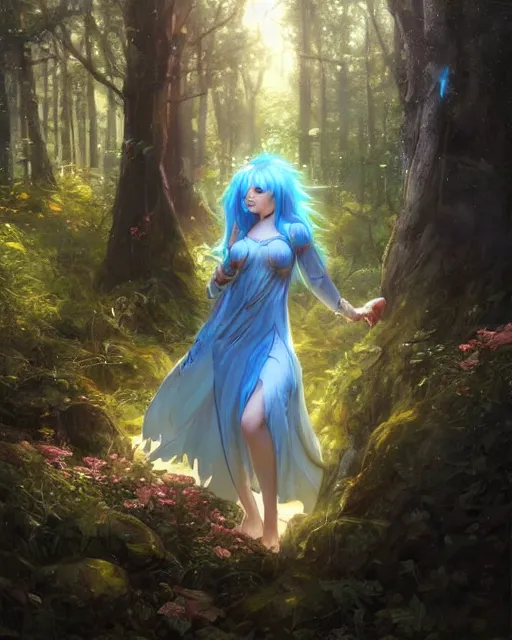 Image similar to stunningly beautiful female blue hair, cute korean actressr, antasy art, fae priestess, lush forest landscape, dark light night, sharp focus, digital painting, 8 k, concept art, art by wlop, artgerm, greg rutkowski and alphonse mucha