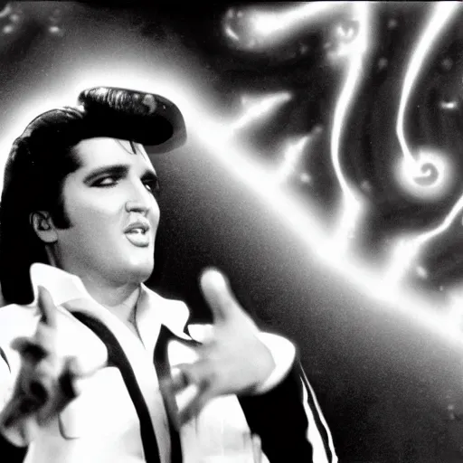 Image similar to black and white photograph of elvis on drugs dancing, aliens from another planet in the background