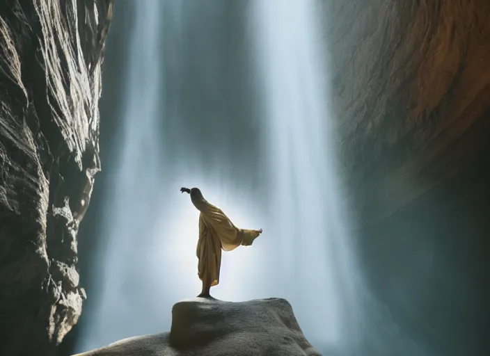 Image similar to a 2 8 mm macro photo of a man in flowing robes floating levitating over a huge canyon, splash art, movie still, bokeh, canon 5 0 mm, cinematic lighting, dramatic, film, photography, golden hour, depth of field, award - winning, anamorphic lens flare, 8 k, hyper detailed, 3 5 mm film grain, hazy