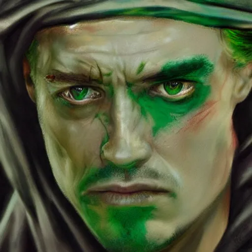 Prompt: peter o'toole, messy green hair, white face, red lips, portrait, realistic, concept art, lee bermejo, influenced by lawrence of arabia
