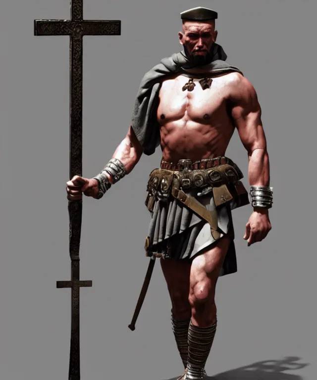 Image similar to muscular roman soldier with a white cross in the chest by simon bisley, dale keown and greg rutkowski, vivid color scheme, unreal engine 5