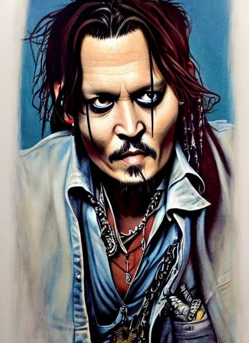 Prompt: johnny depp by james jean, manuel sanjulian