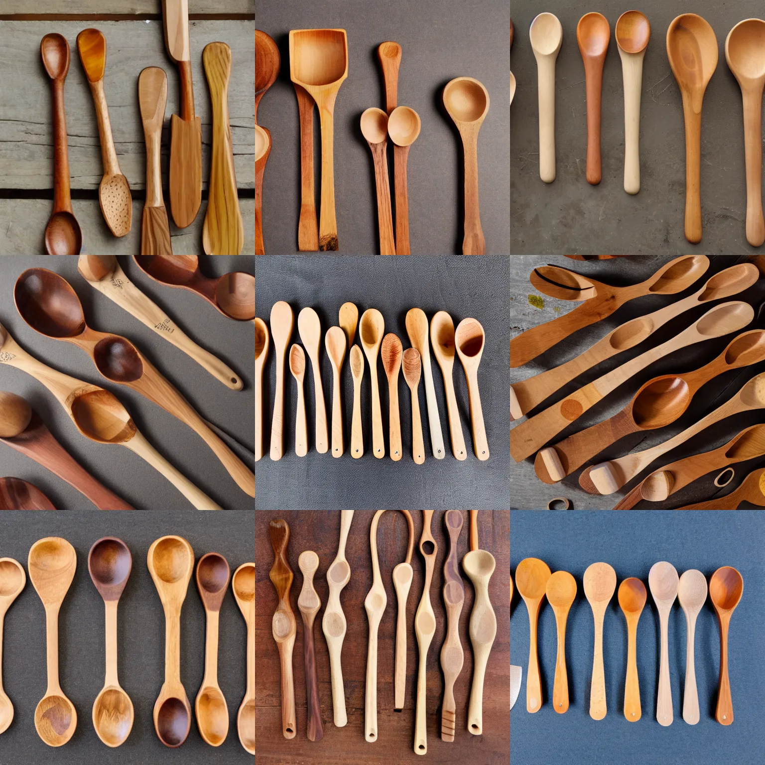Prompt: Photograph of a suburb selection of hand crafted wooden spoons, award winning, critically acclaimed