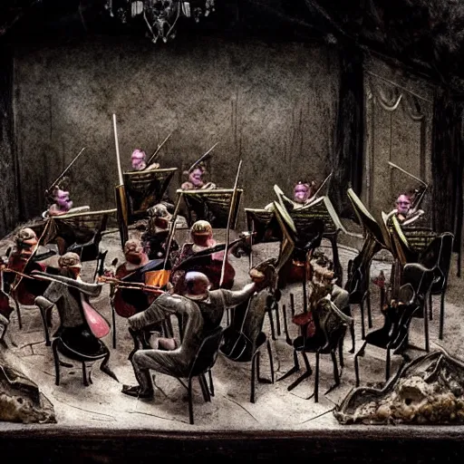 Prompt: the last orchestra, extremely detailed claymation art, dark, moody, foggy