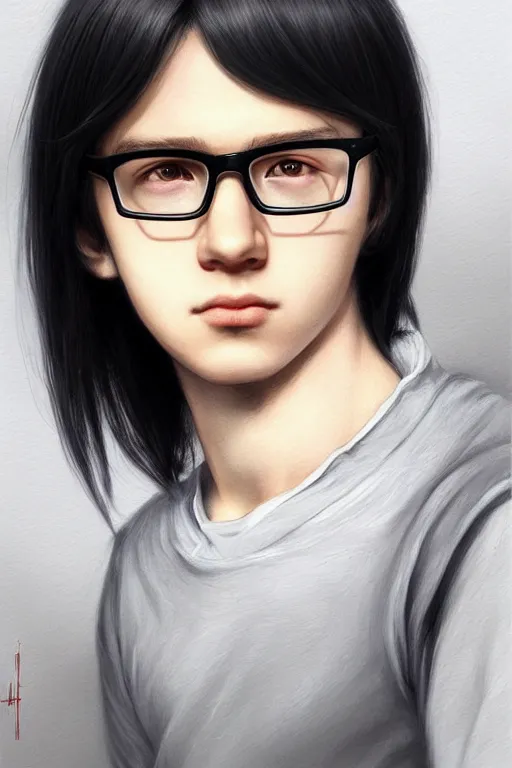 Prompt: young teenager boy with straight long black hair, wearing round glasses, innocent look. highly detailed, d & d, fantasy, highly detailed, digital painting, trending on artstation, concept art, sharp focus, illustration, art by artgerm and greg rutkowski and fuji choko and viktoria gavrilenko and hoang lap