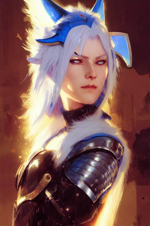 Prompt: woman with white hair, blue eyes and glowing cat ears in police armor portrait dnd, painting by gaston bussiere, craig mullins, greg rutkowski, yoji shinkawa