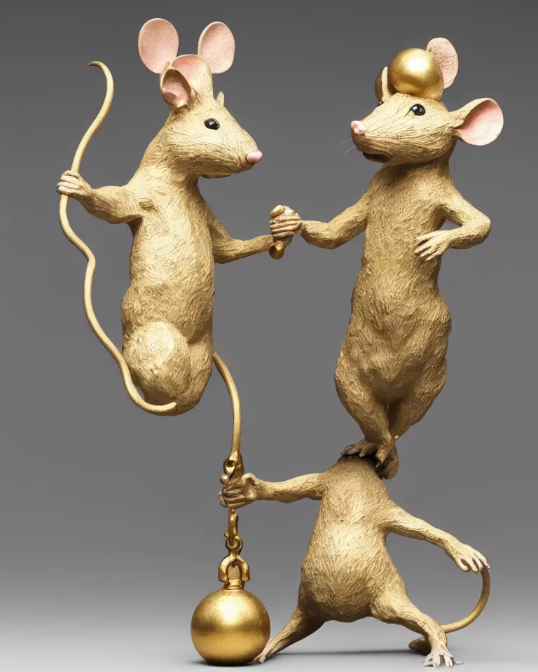 Image similar to a hyperrealistic, highly detailed statue of a mouse standing on two legs and holding a round bell made of white marble and gold, dramatic lighting, trending on artstation, sigma 5 0, hyper realisitic