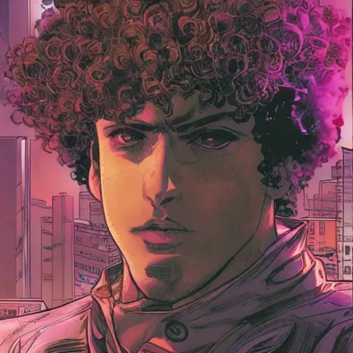 Image similar to a cyberpunk image of a curly-haired persian guy by masamune shirow