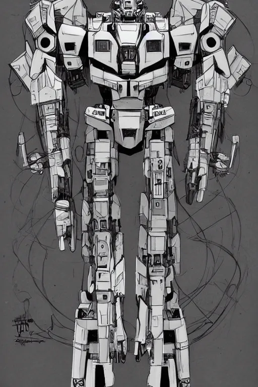 Prompt: very symmetrical!! full body illustrations of mecha, pen and ink, moderately detailed, concept art, armored core aesthetic, artstation, deviantart, pinterest