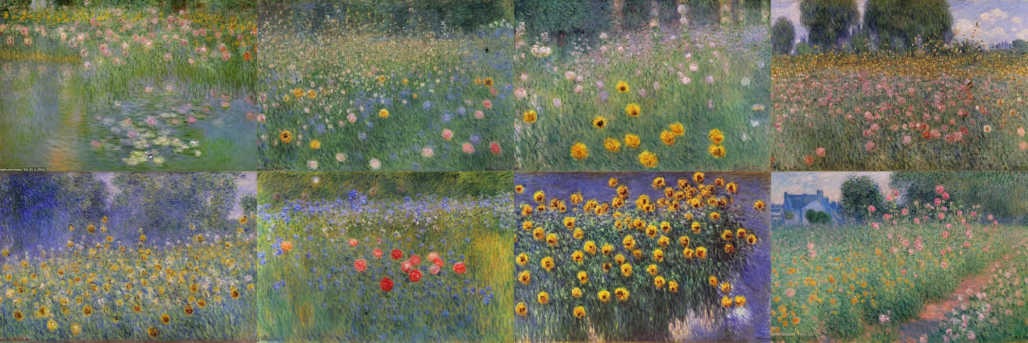 Image similar to Bumblebees on Flowers, Claude Monet (French, Paris 1840-1926 Giverny), Oil on canvas, detailed brushstrokes