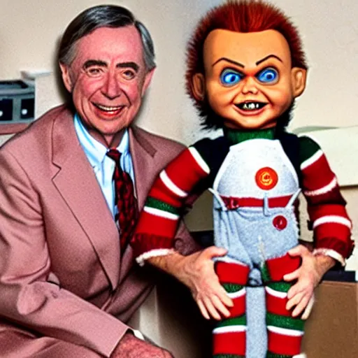 Prompt: Chucky the killer doll being held by Mr. Rogers