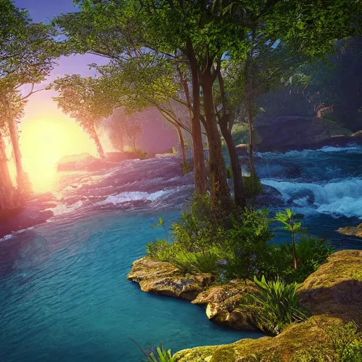 Prompt: paradise on earth with nice trees, rivers, mountains and sun, unreal engine, photorealistic, ultra - detailed, 4 k high resolution, hdr shot
