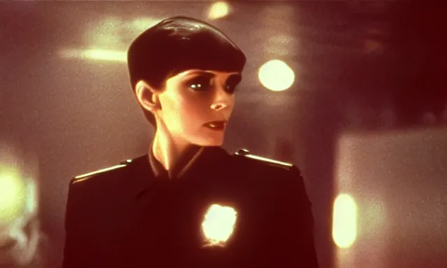 Image similar to full - color cinematic movie still from the 1 9 8 2 film blade runner depicting a very - attractive female police technician conducting the voight - kampff test. science - fiction ; gritty ; dystopian ; detective mystery. detailed facial - features.