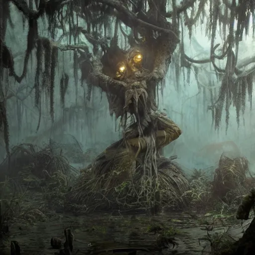 Prompt: swamp with a rotten stem formed like nick nolte at dusk, misty athmosphere, ultra realistic, concept art, intricate details, eerie, highly detailed, photorealistic, octane render, 8 k, unreal engine. art by ed binkley and ellen jewett and artgerm and greg rutkowski and alphonse mucha