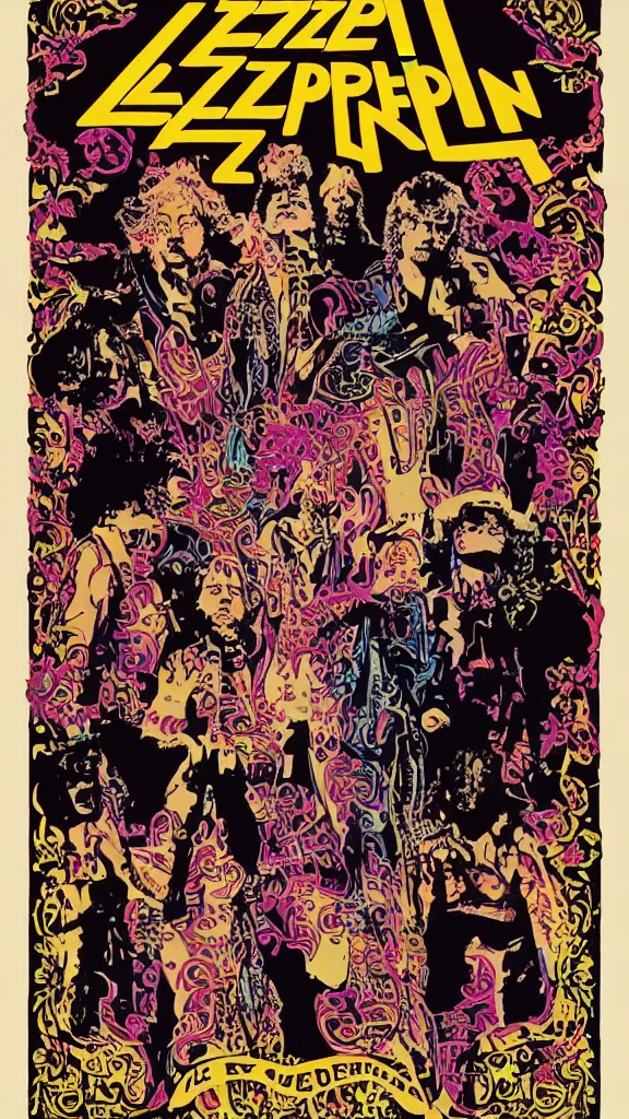 Prompt: Led Zeppelin concert poster circa 1971, LA forum, colorized, highly detailed