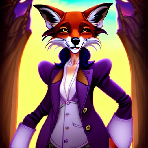 Image similar to don bluth, loish, artgerm, steampunk, clockpunk anthropomorphic fox girl, purple vest, smiling, symmetrical eyes symmetrical face, colorful animation forest background