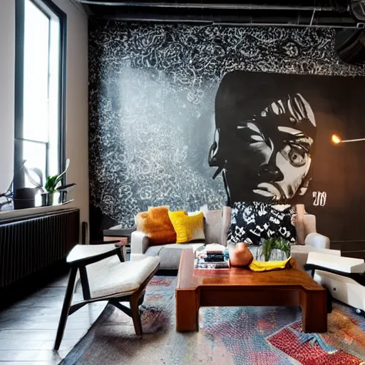 Prompt: trendy downtown loft with modern murals on the wall, modern art and patterns, interior design, juxstapoze magazine