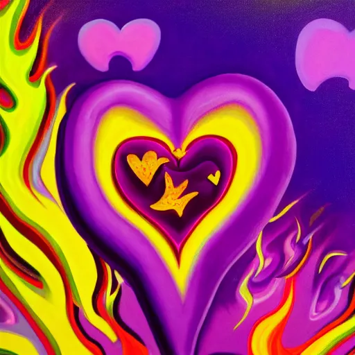 Prompt: a highly detailed painting of kitschy purple hearts in flames, inspired by lisa frank, dali, matisse, david hockney, trending on artstation, 4 k