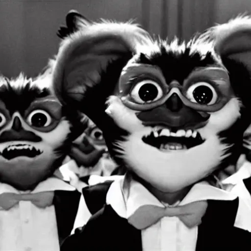 Prompt: Gremlins disguised as wall street traders and soundcloud rappers orchestrate black swan event stock market crypto crash, film still from Gremlins 3 directed by Joe Dante, Nathan Fielder and Groucho Marx