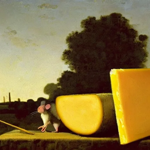 Prompt: a mice pulling a cart with a large piece of cheese on it in the middle of the countryside at sunset, detailed oil painted by vermeer