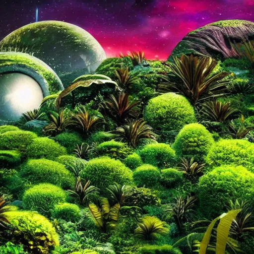 Prompt: photo of a beautiful alien landscape, on an alien planet, lush vegetation made up of alien plants, universe in the background