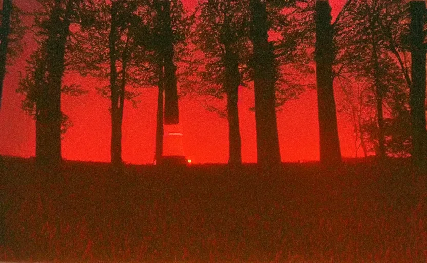 Prompt: lighthouse that shines red beam, field, night, unsettling, burning trees, photo 1998