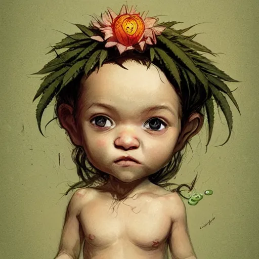 Image similar to a cute little baby made of hemp, with a head in the form of a cannabis bloom, like baby grut, green skin, character, art by james jean and greg rutkowski!!, realistic face, digital art, chibi style, golden ratio, perfect composition, trending on artstation, 8 k