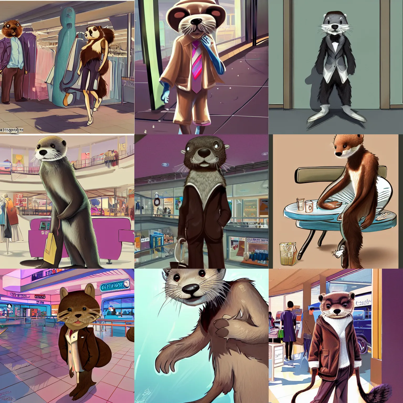 Prompt: anthropomorphic furry otter wearing cute clothes in a shopping mall, trending on art station, furaffinity, syd mead, painting