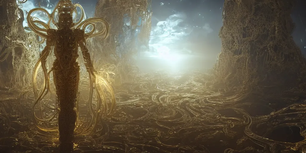 Prompt: a photo of 8k ultra realistic corrupted lovecraftian golden humanoid queen standing next to a spaceship window overlooking earth, 8 glowing intricate white and gold tentacles, ornate white and gold armour, cinematic lighting, trending on artstation, 4k, hyperrealistic, focused, extreme details, unreal engine 5, cinematic, masterpiece