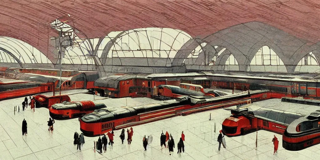 Prompt: soviet ussr retrofuturistic train station by syd mead, ralph mcquarrie, washed colours