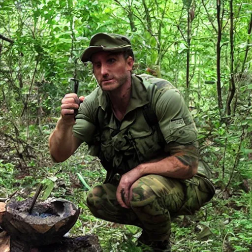 Image similar to Green Beret in the jungle at a campfire