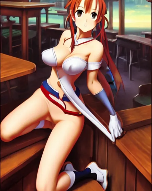 Image similar to pinup photo of asuna from sao in the crowded pub, hot asuna by a - 1 pictures, gil elvgren, james jean, enoch bolles, glossy skin, pearlescent, anime, very coherent, sao style anime, flat