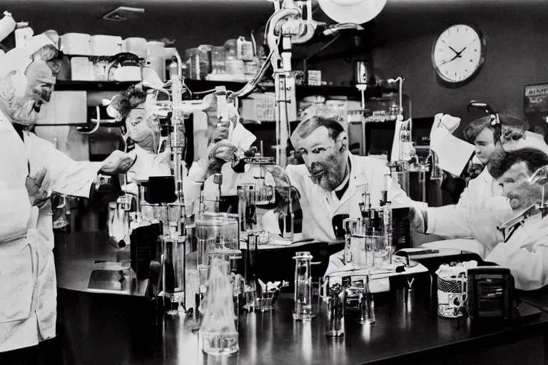 Image similar to recent photograph of reckless!!! whimsical! scientists in a lab inventing a new flavor of soda!!!, presentation, slide show, beakers