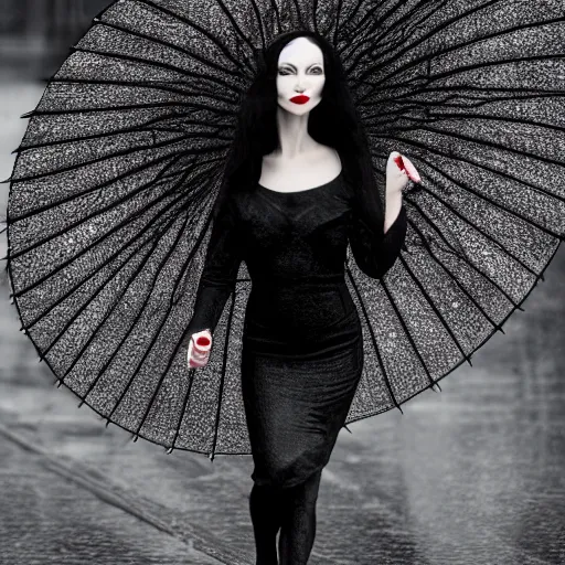 Image similar to morticia addams holding a parasol during a [ humid, rainy day ] as she saunters across the city, closeup!!!, photorealistic facial features, trending on artstation, 4 k photorealism, unsplash, shot by jimmy nelson