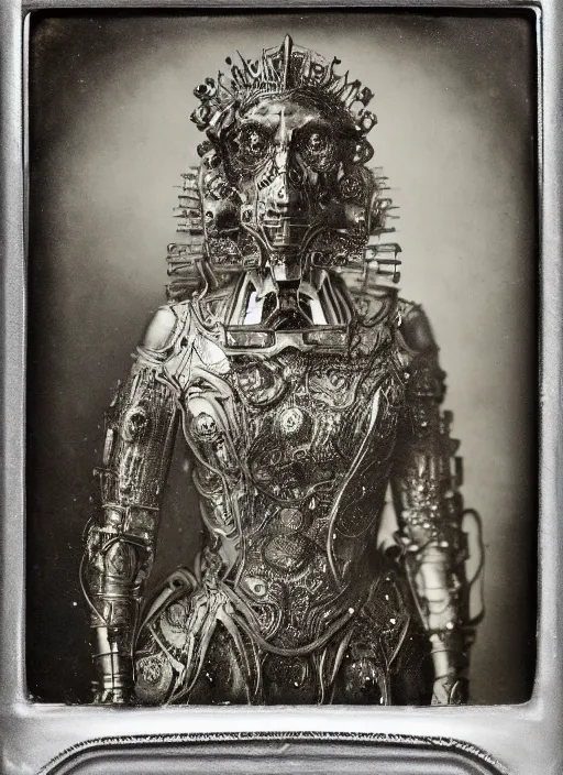 Image similar to old wetplate daguerreotype frame portrait of a futuristic silver armored pretty queen elisabeth emperor district 9 cyborg, fractal, intricate, elegant, highly detailed, subsurface scattering, by jheronimus bosch and greg rutkowski and louis jacques mande daguerre