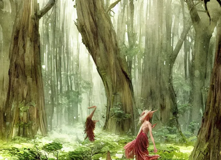 Image similar to will - o'- wisp forest, lush trees, a group of fairies dancing, magical, vivid colors, rule of thirds, a fantasy watercolor ink illustration digital painting by greg rutkowski and john william waterhouse and james gurney, trending on artstation, highly detailed, sharp lines