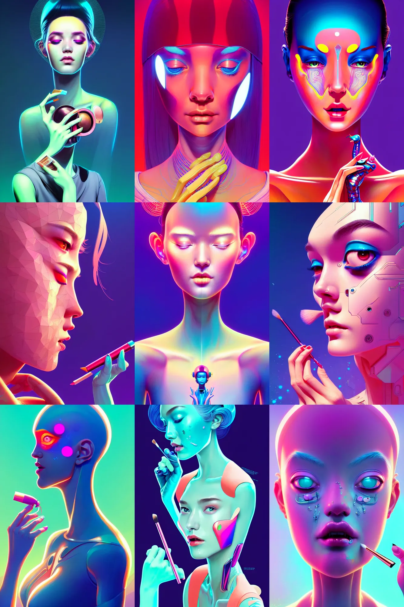 Prompt: ultra realistic, beautiful female android applying makeup and crying. global illumination, detailed, vector art, digital illustration, concept art. by james jean and moebius and artgerm and liam brazier and victo ngai and tristan eaton.