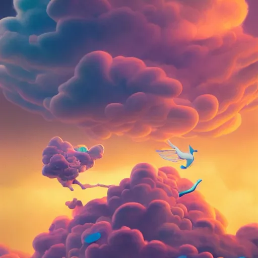 Image similar to puma puffy clouds, james jean style, vfx art, unreal engine render, claymation style, colourful, volumetric light, digital painting, digital illustration, dramatic light,