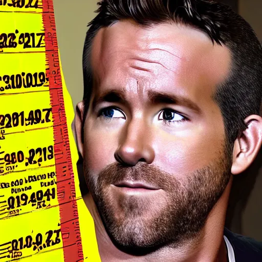 Image similar to photo of Ryan Reynolds in prison outfit getting, handcuffed, getting picture taken in front of a height chart in prison, highly detailed, high quality, HD, 4k, 8k, Canon 300mm, professional photographer, 40mp, lifelike, top-rated, award winning, realistic, sharp, no blur, edited, corrected, trending