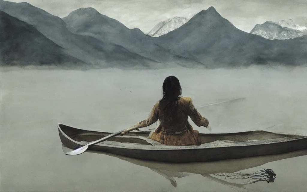 Prompt: “ a girl sitting in canoe on a river drinking beer, mountains in fog background, by andrew wyeth ”
