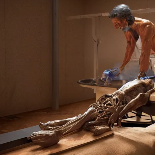 Prompt: hyperrealistic sculpture of a fossilized bronze prisoner being organ harvested on an operating table, by ron mueck and duane hanson and lee bontecou and giacometti, patina, hyperrealistic dramatic volumetric lighting octane render 8 k