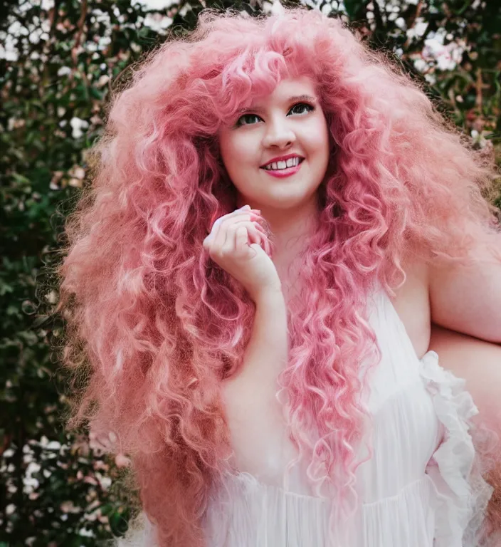 Prompt: a photograph of rose quartz from steven universe, portrait photography, 8 5 mm, iso 4 0 0, focus mode, detailed portrait, gigantic tight pink ringlets, huge curly pink hair, bangs, plus size, extremely beautiful and ethereal, warm smile, magical, white dress, regal, gorgeous, kind features, beautiful woman, flattering photo, daylight