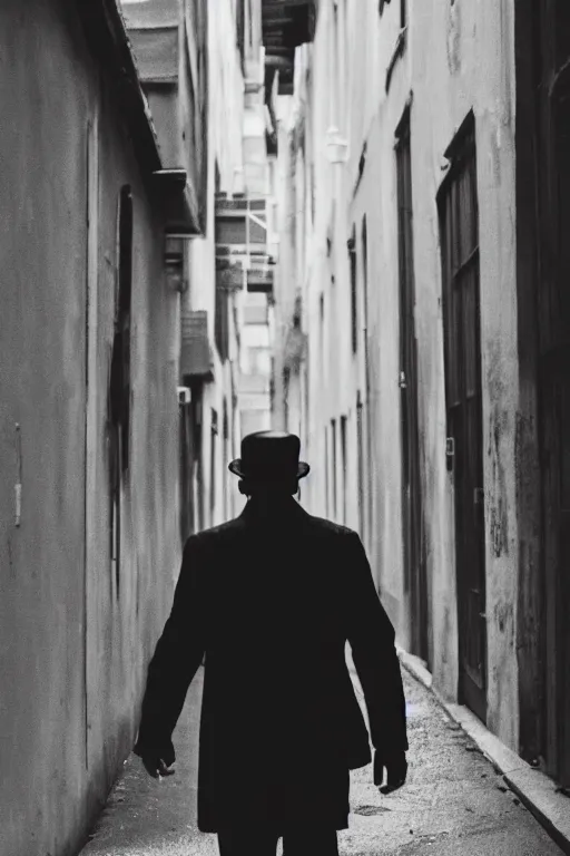 Image similar to a 5 0's detective, walking alone in an alley