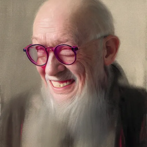 Prompt: a portrait of a happy old man, pink glasses by ruan jia