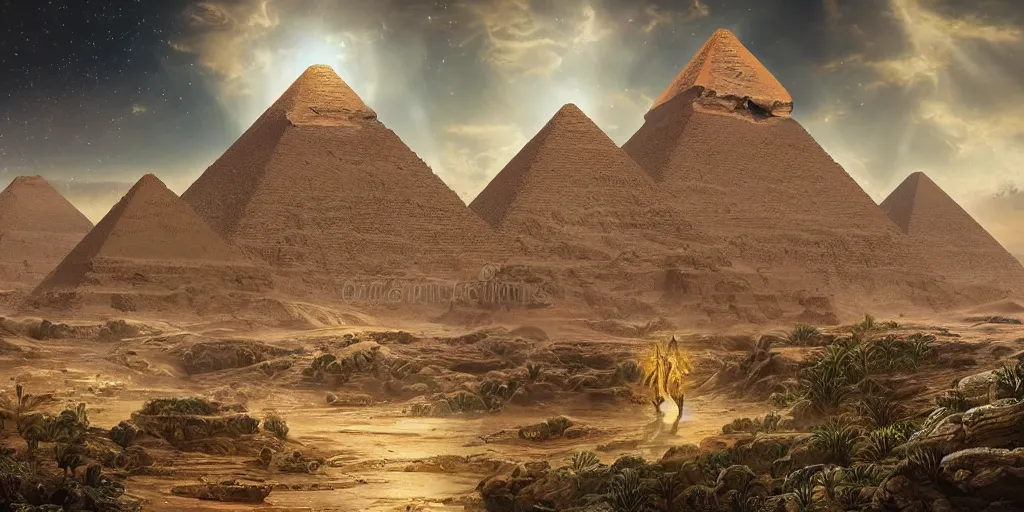 Prompt: beautiful painting of a landscape with alien pyramids with jewels and ornate gold decor by kim jakobsson, takato yamamoto, clement - auguste andrieux and santiago caruso trending on artstation sunshine rays cryengine behance hd 8 k 3 d 8 k resolution photoillustration ambient occlusion ancient egyptian hieroglyphs, stars with lasers