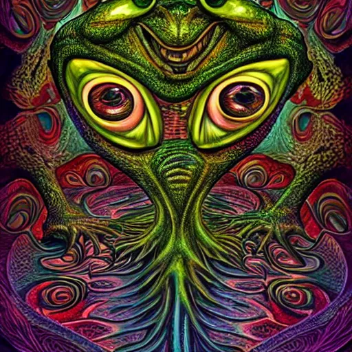 Image similar to dark fantasy, 4 k, textured 3 d, intense detail, psychedelic frog, amazing background, eyeball in center of hideous monster, alex grey style